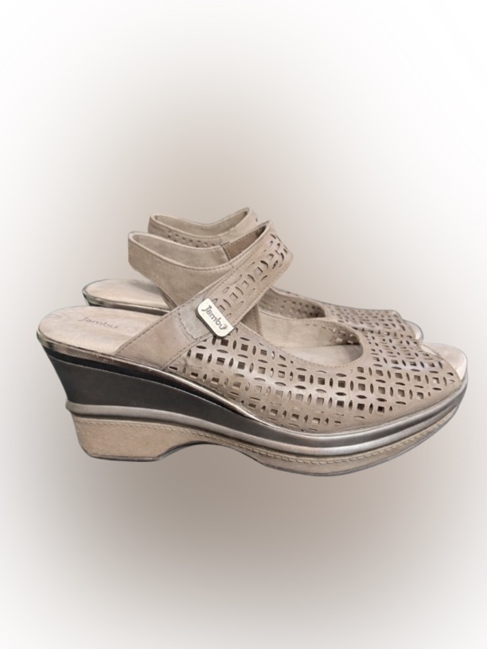 Jambu Orion Wedge Sandals Womens 11M Beige Laser Cut Leather Mary Jane Peep Toe